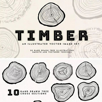 【487期】简约个性的时尚木材年轮矢量树环插图集合